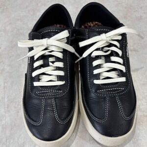 OluKai Haupu Black Leather Low Top Sneakers Womens 7 Leopard Print 20493-OXOX